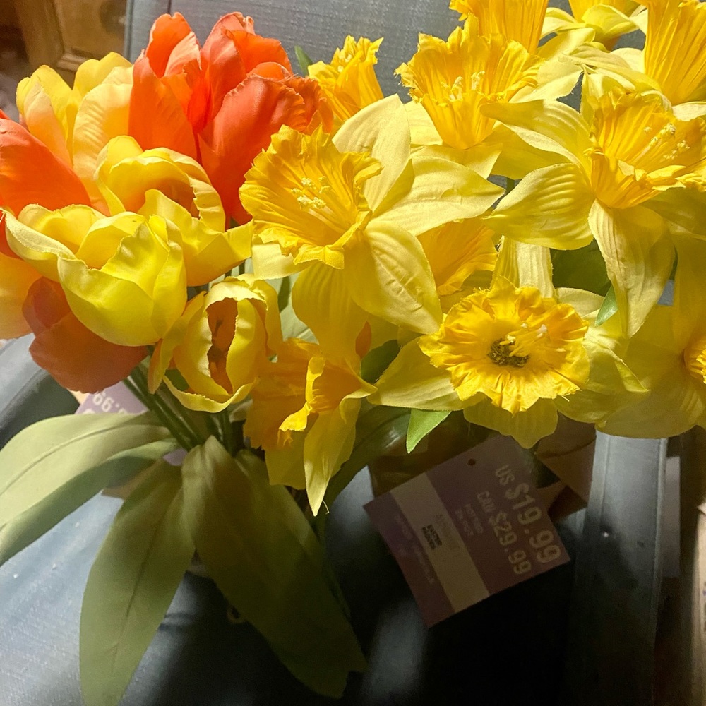 NWT….tulips…..orange and yellow….2 potted plants